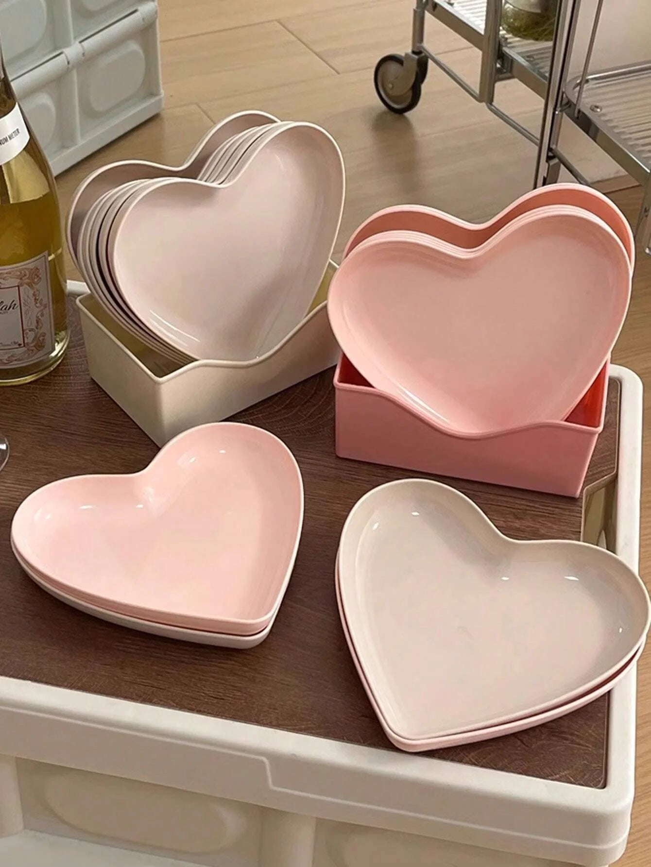 10/20pcs Party Plastic Pink Heart-shaped Plates