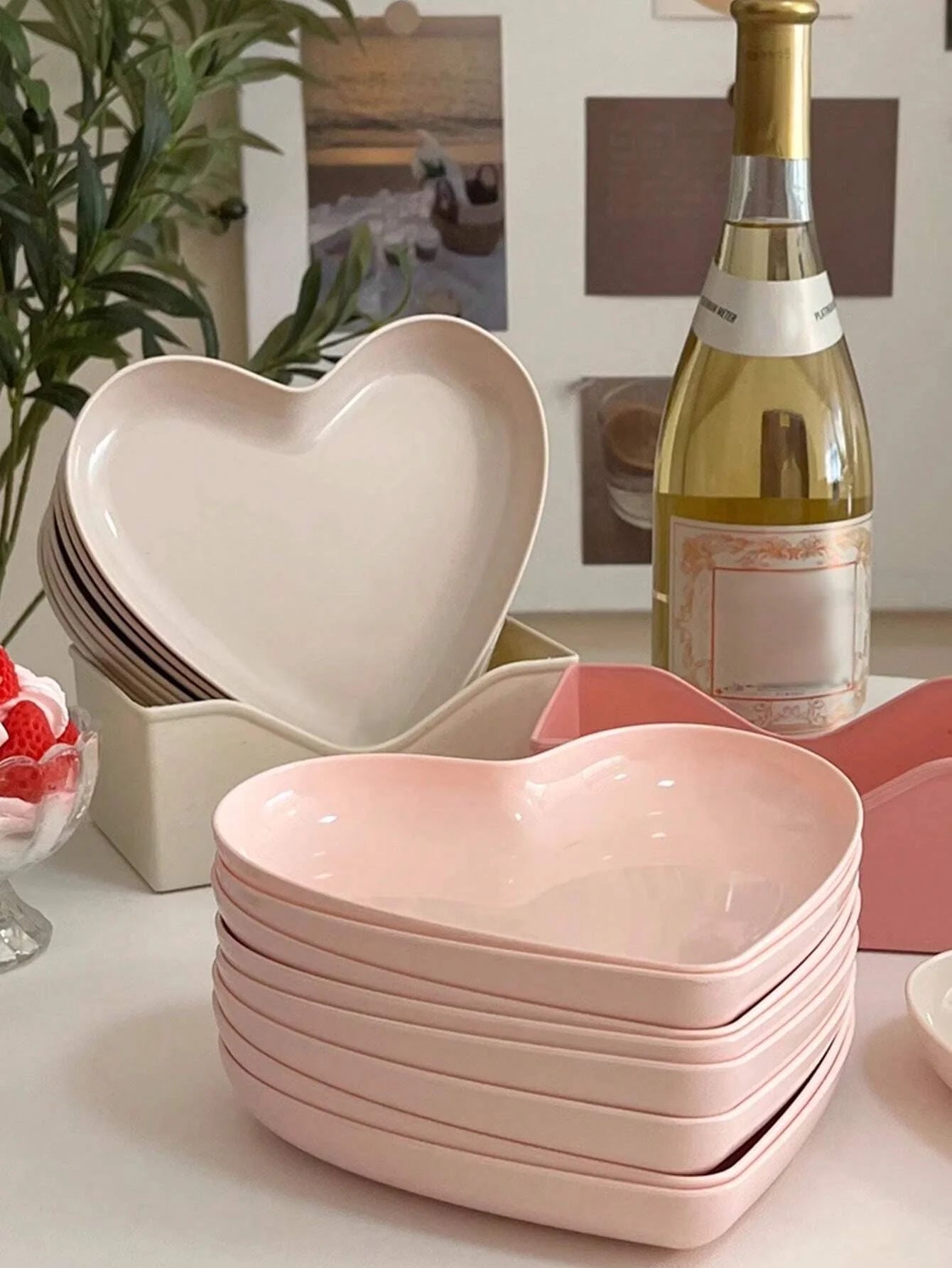 10/20pcs Party Plastic Pink Heart-shaped Plates