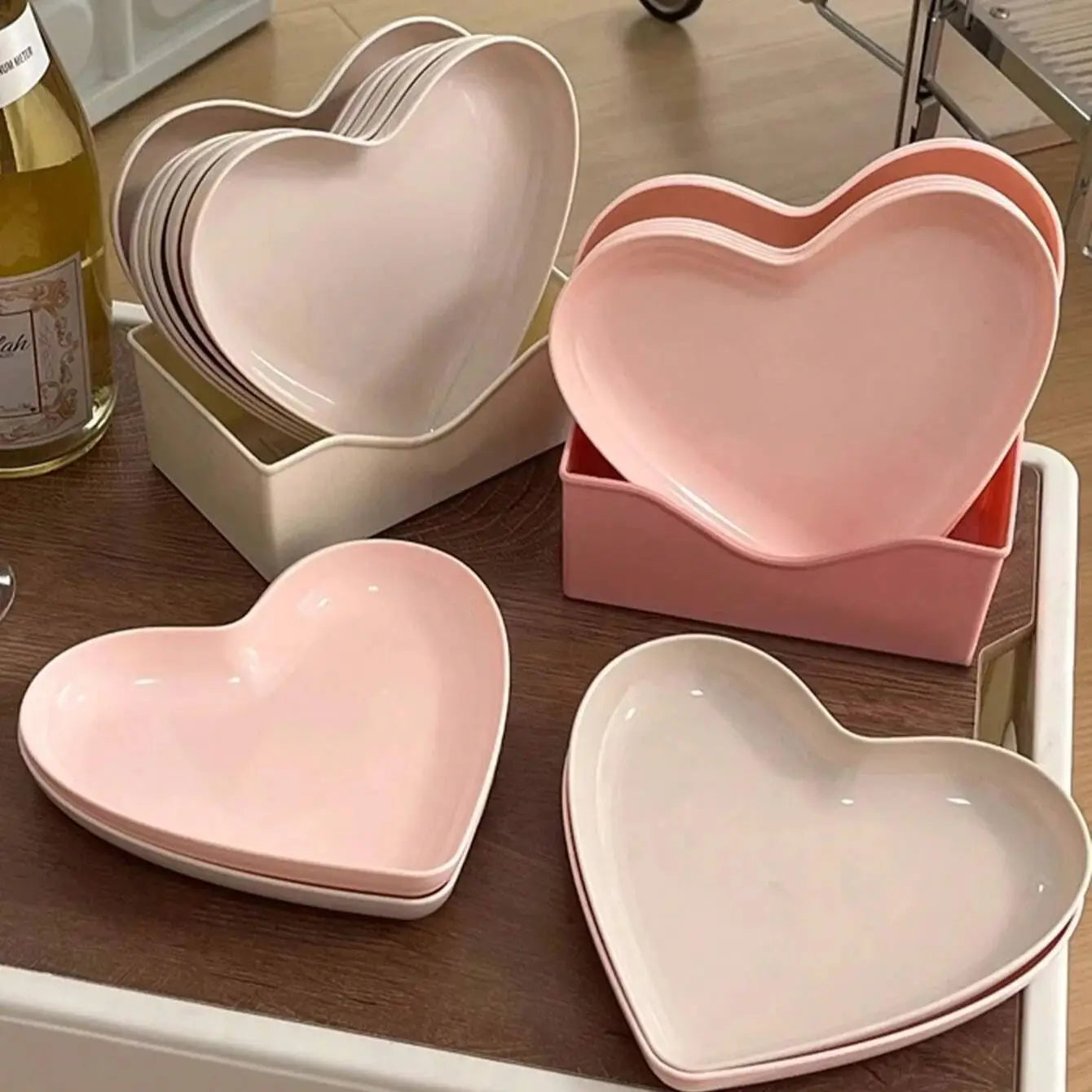 10/20pcs Party Plastic Pink Heart-shaped Plates